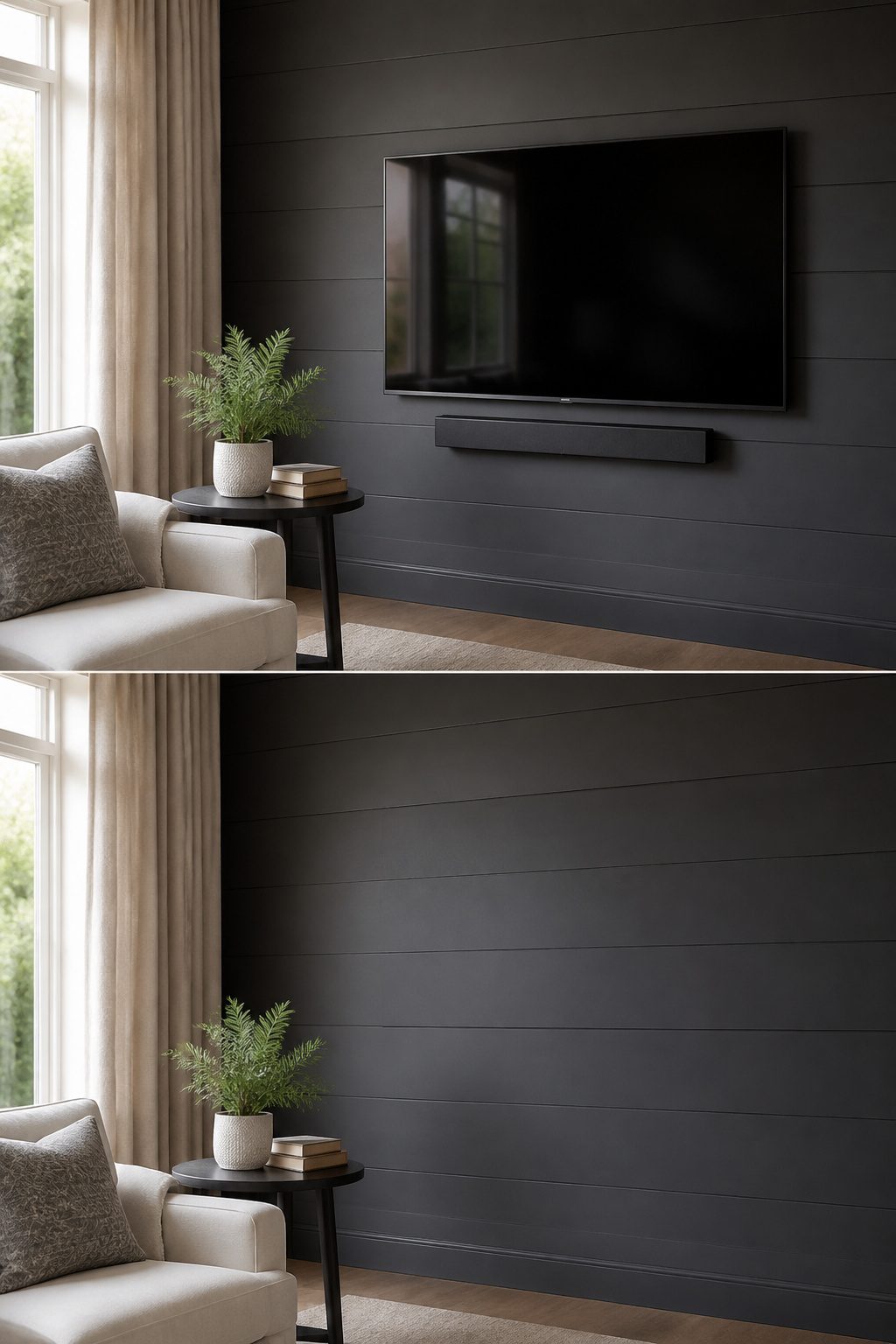 A wall painted charcoal gray behind a TV.