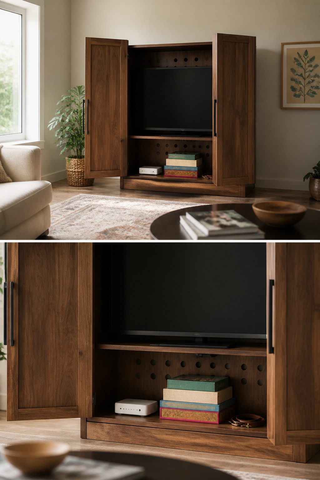 A cabinet with a TV inside and additional items on display.