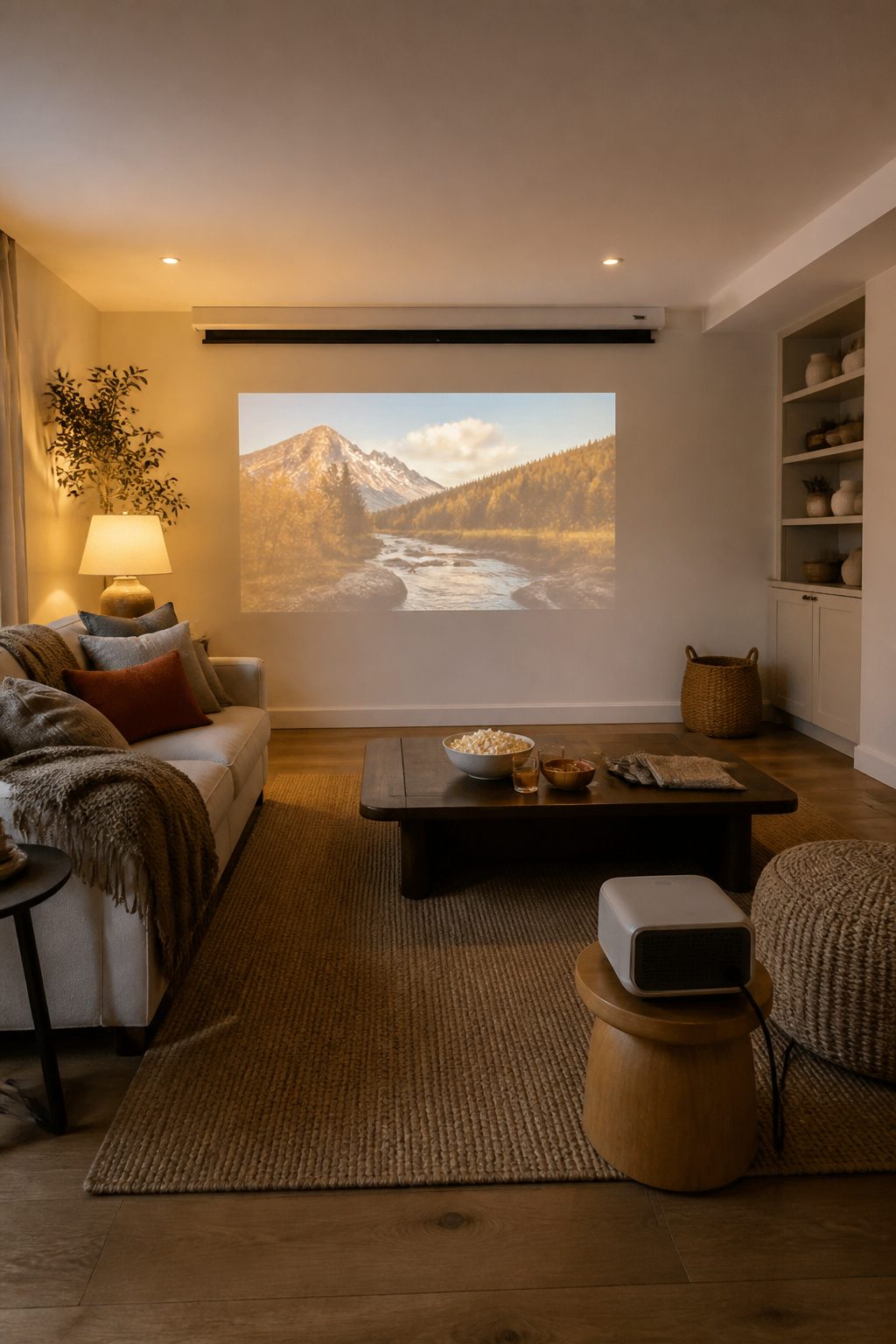A projector setup with a screen painted on the wall.