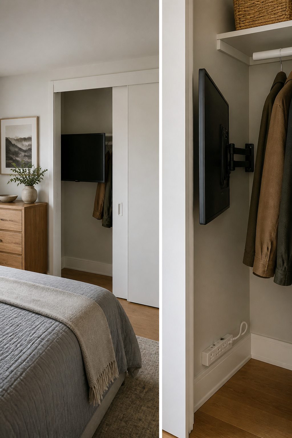 A closet with sliding doors hiding a mounted TV inside.