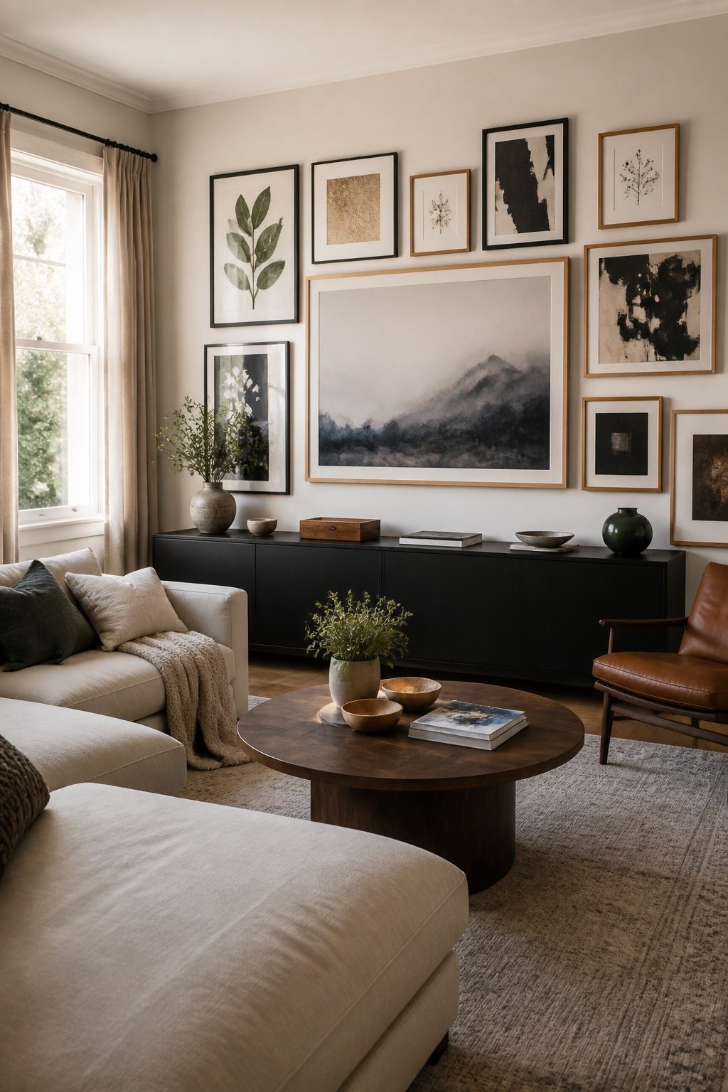 A living room with a TV framed by decorative items and art.