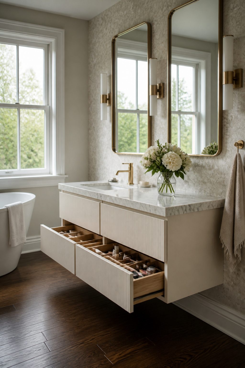GODMORGON vanity with marble surface and custom drawer inserts.