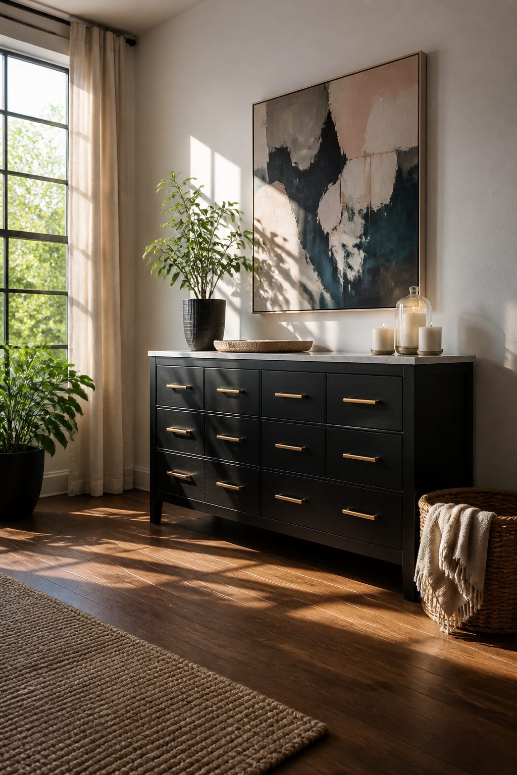 HEMNES dresser with brass hardware and decorative top.
