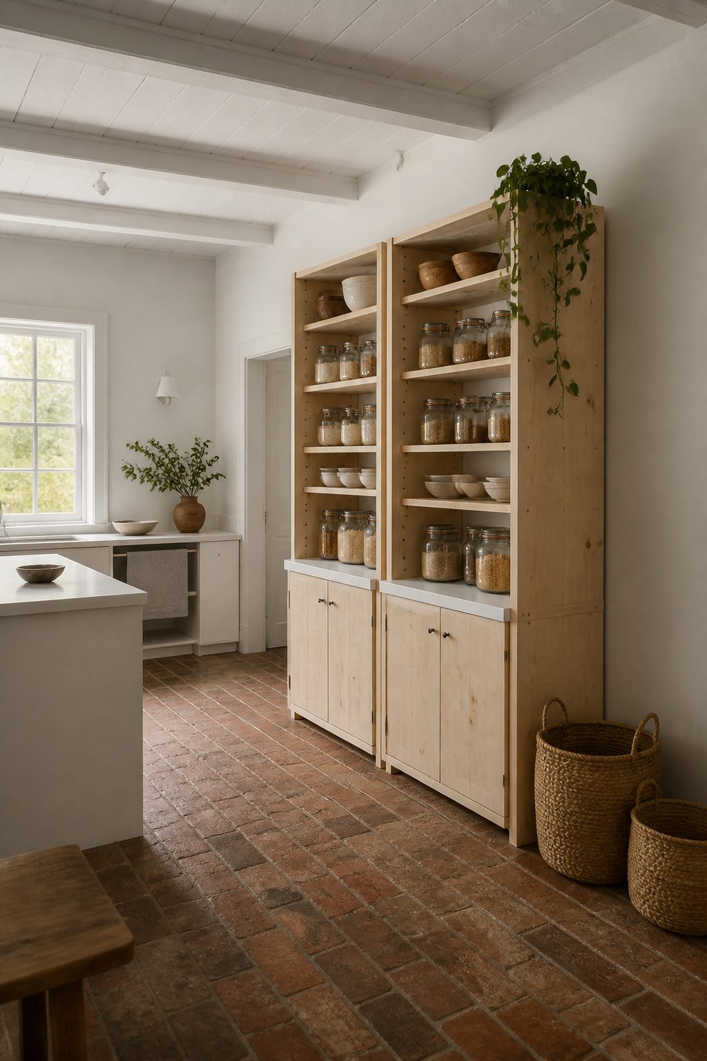 IVAR cabinet units used for pantry storage with wooden doors.