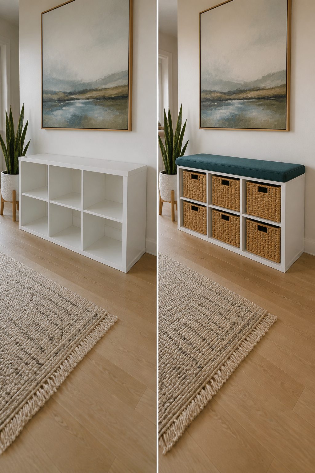 KALLAX shelf units used as a room divider with storage cubes.