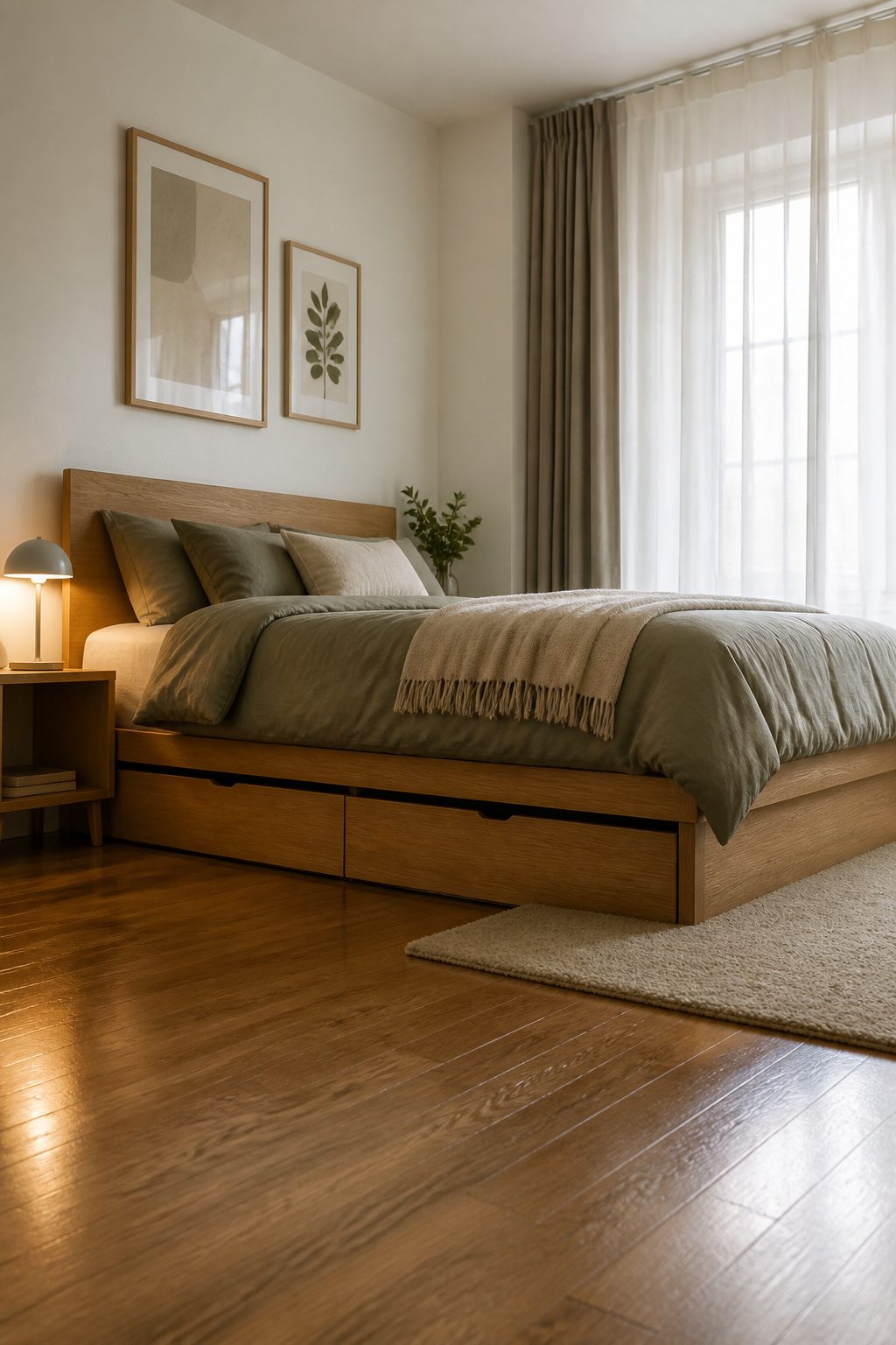 MALM bed frame raised on a platform for storage beneath.