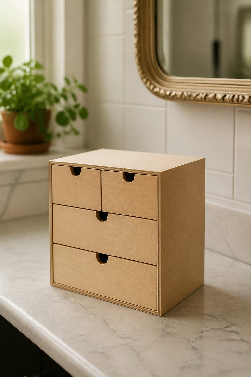 MOPPE mini chest used for organizing desk supplies.