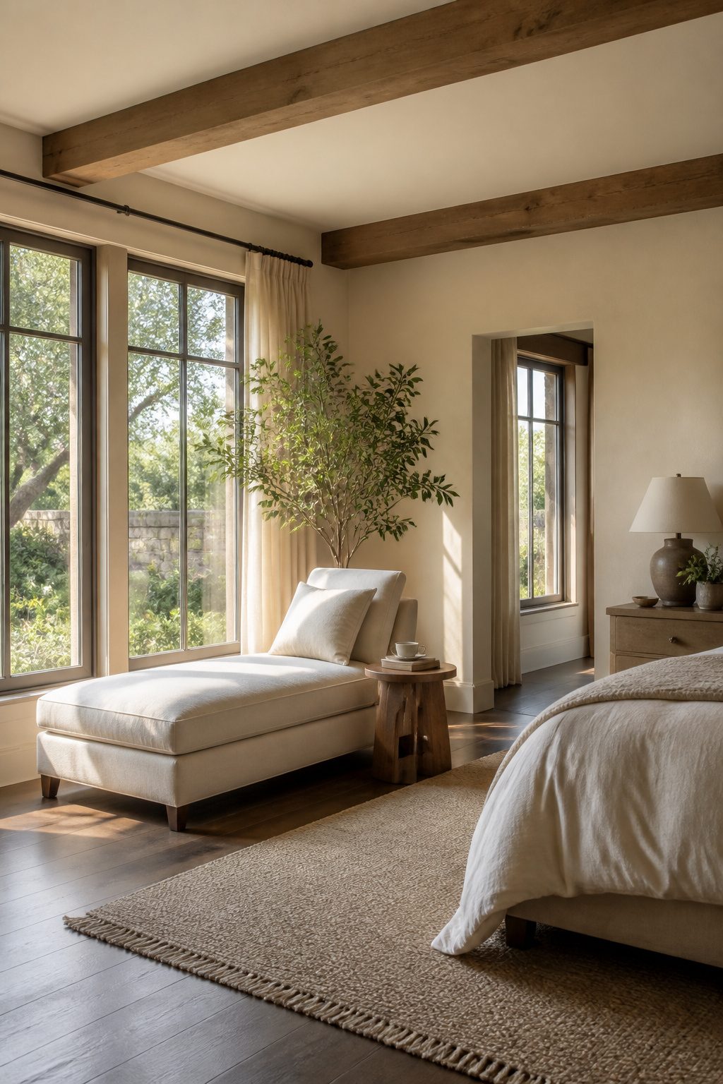 A linen chaise lounge placed against a wall in a reading corner.