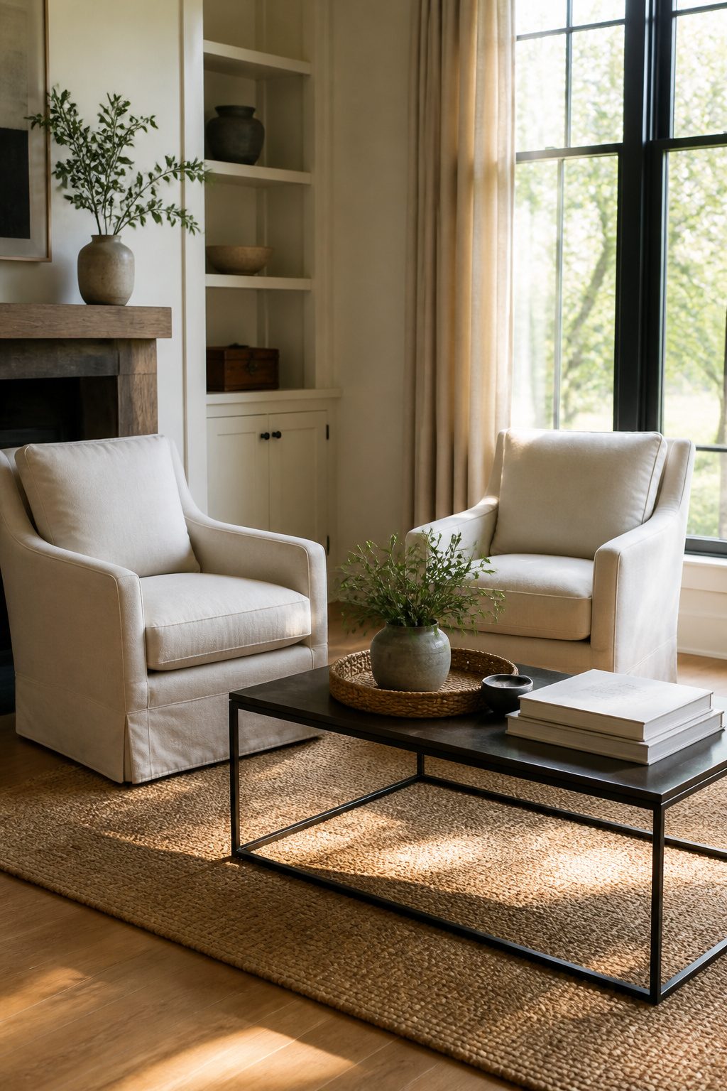 Two structured linen club chairs flanking a coffee table in a living room.
