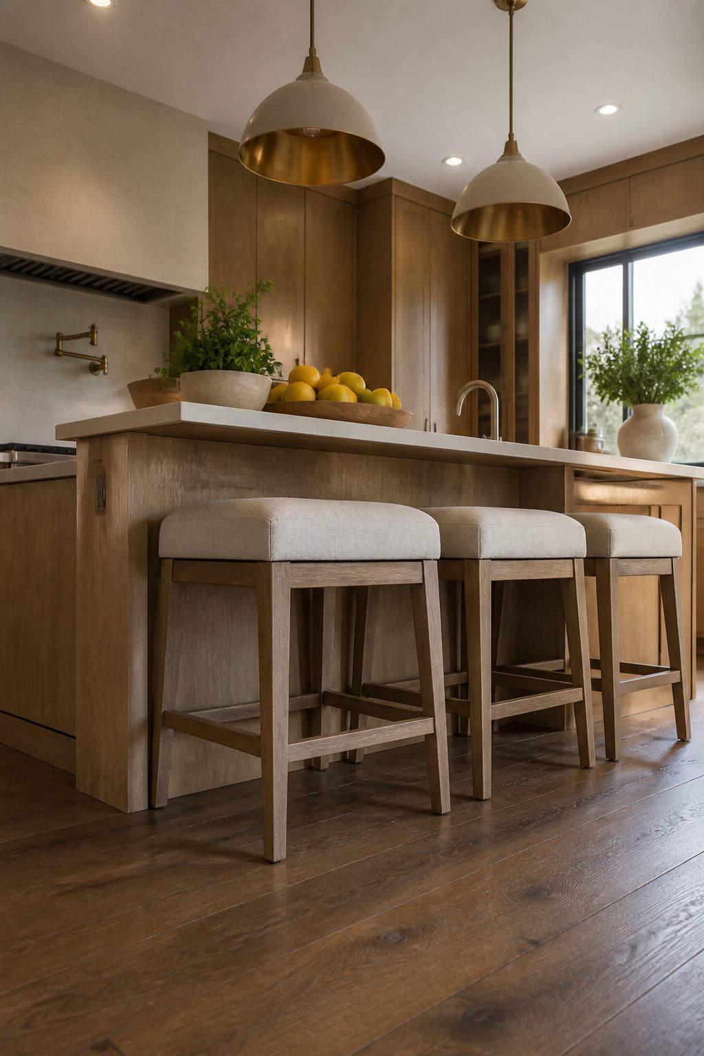 A pair of backless linen counter stools at a kitchen island.