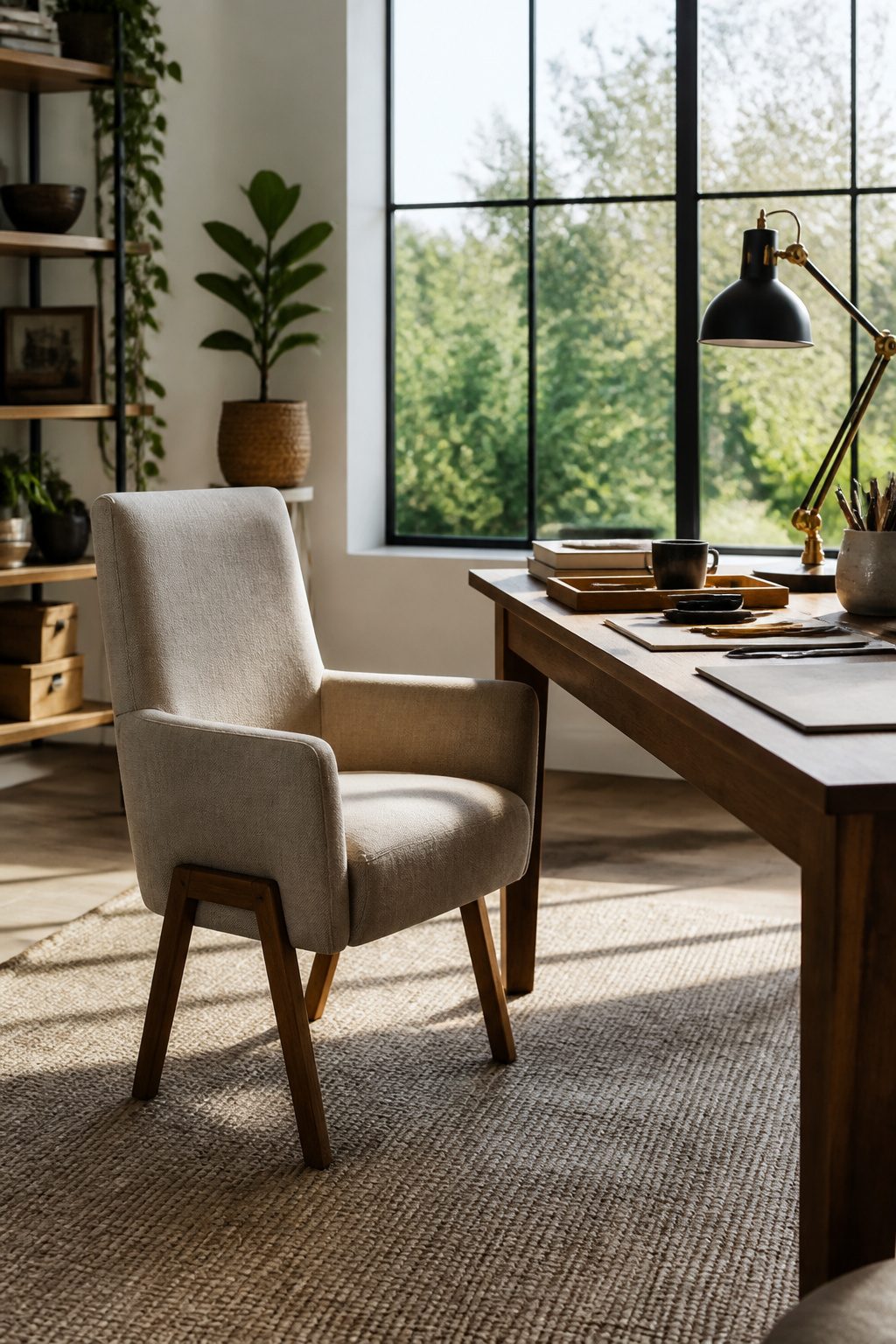 A performance linen chair set at a modern desk in an office.