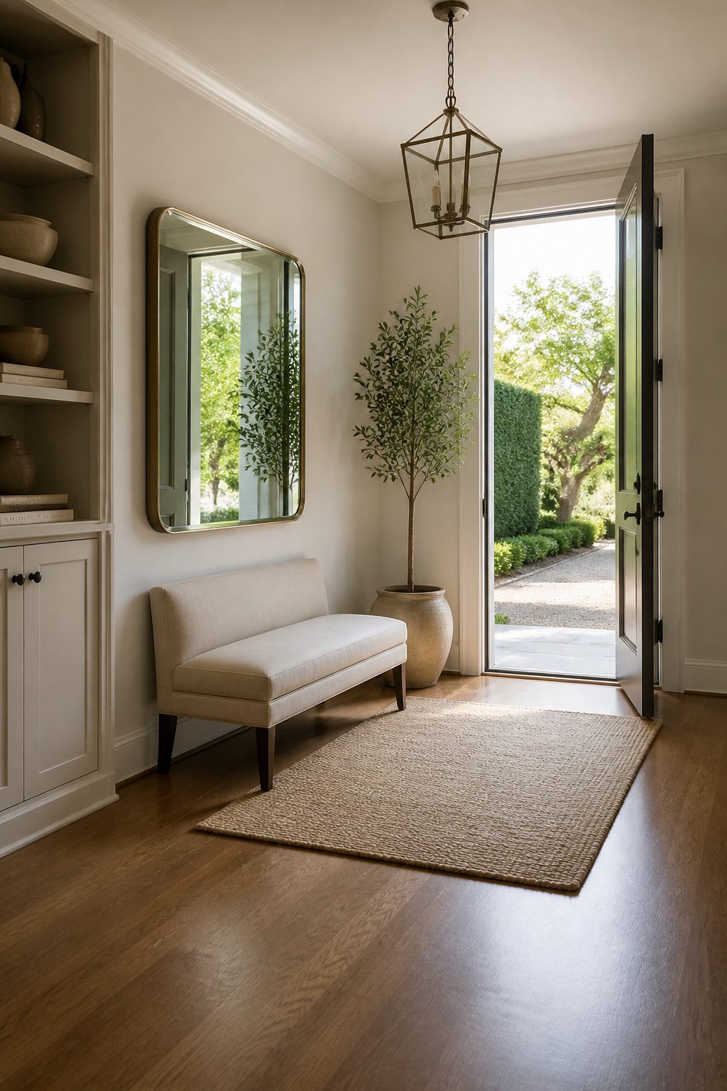 A linen settee positioned in a narrow entryway.