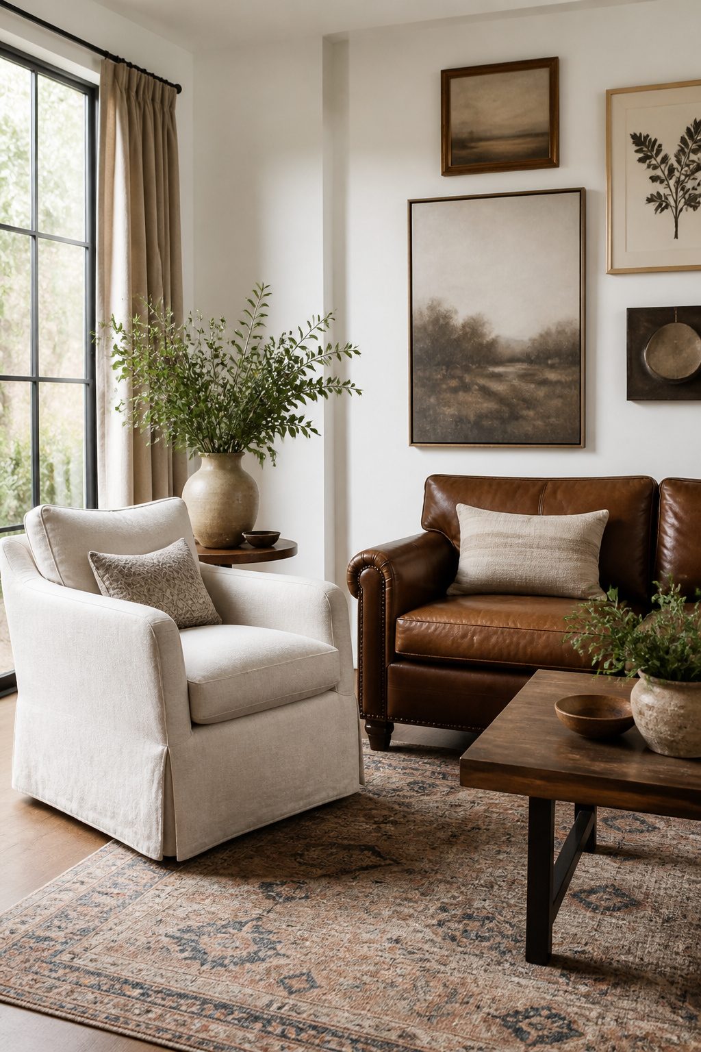 A linen armchair styled alongside a leather sofa in a cozy setting.
