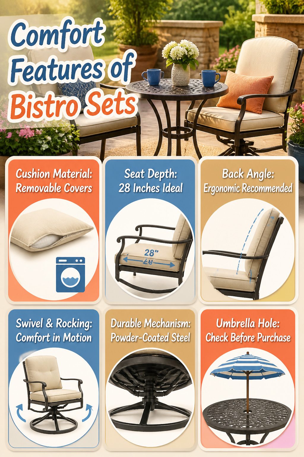 Infographic on comfort features of bistro sets.