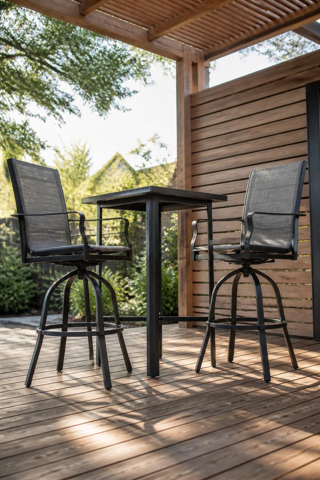 Phi Villa bar stool set with a high table and two swivel chairs.