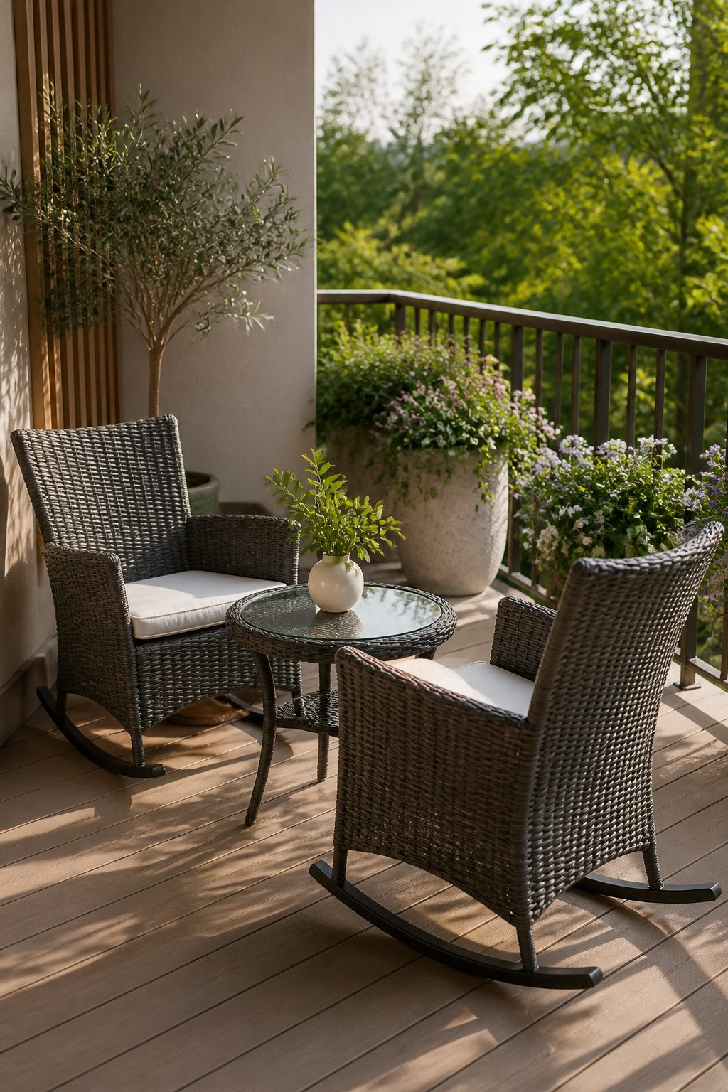 Qsun rocking bistro set with two wicker rockers and a glass tabletop.