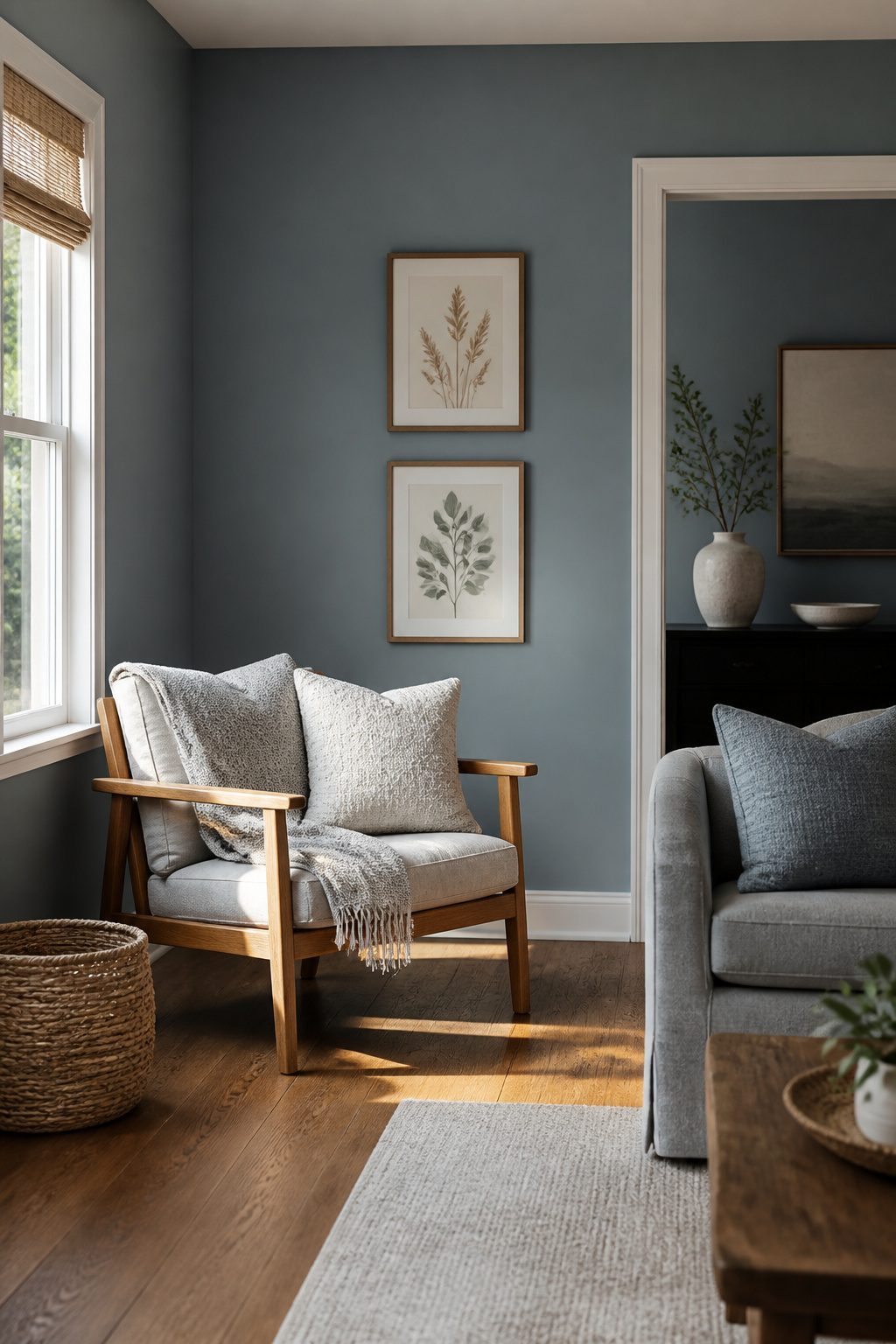 A living room with dusty blue walls and rustic wooden furniture.