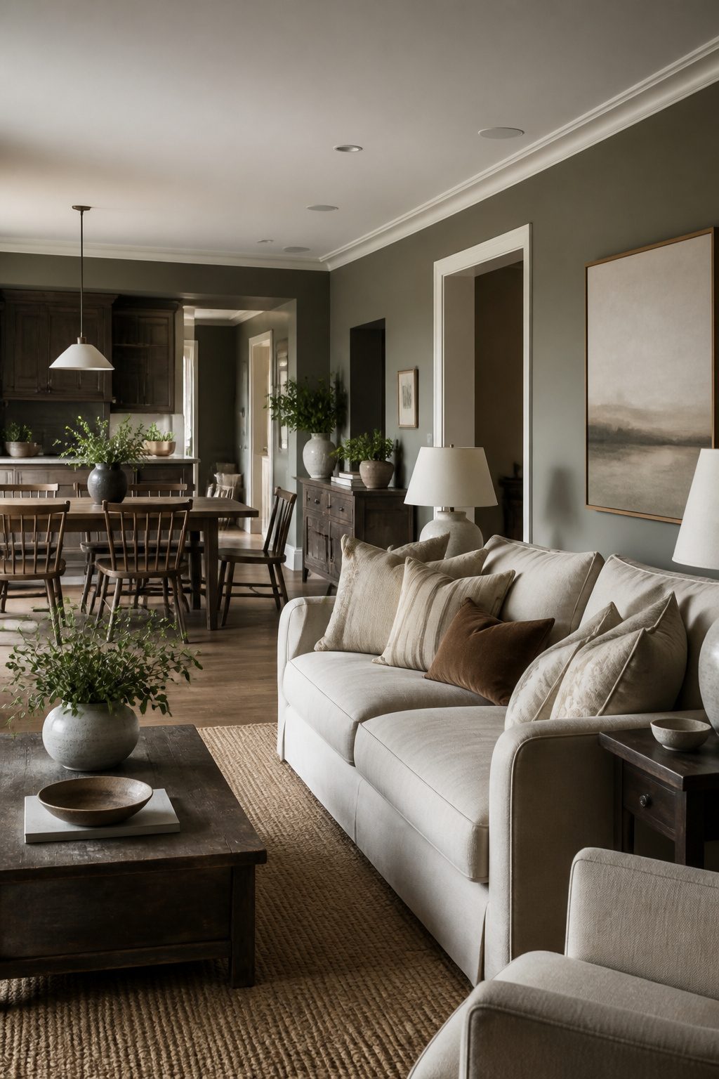 A living room featuring Antique Pewter walls and wooden dining chairs.