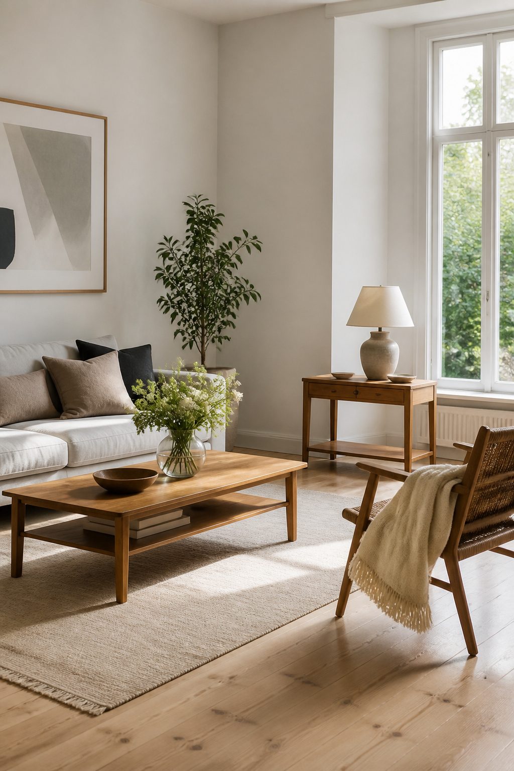 A living room featuring near-white walls and natural wood accents.