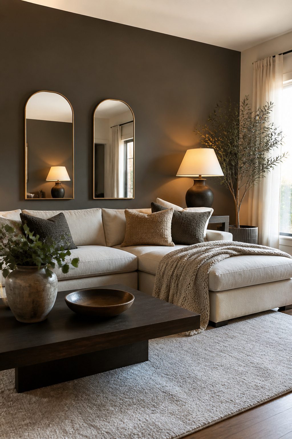 A living room featuring a brown-gray accent wall and elegant decor.