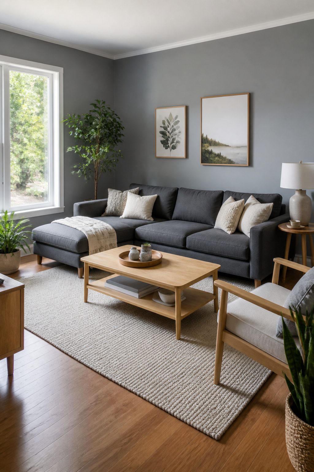 A living room showcasing blue-gray walls and contemporary furnishings.