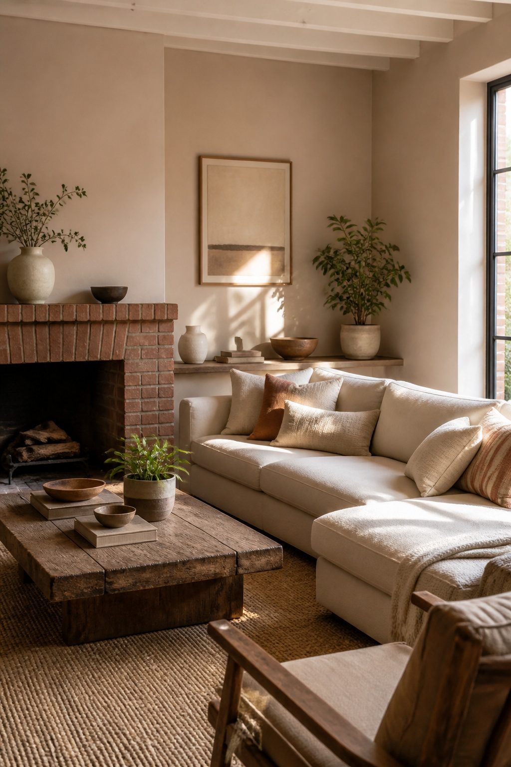 A living room showcasing beige walls and a red brick fireplace.