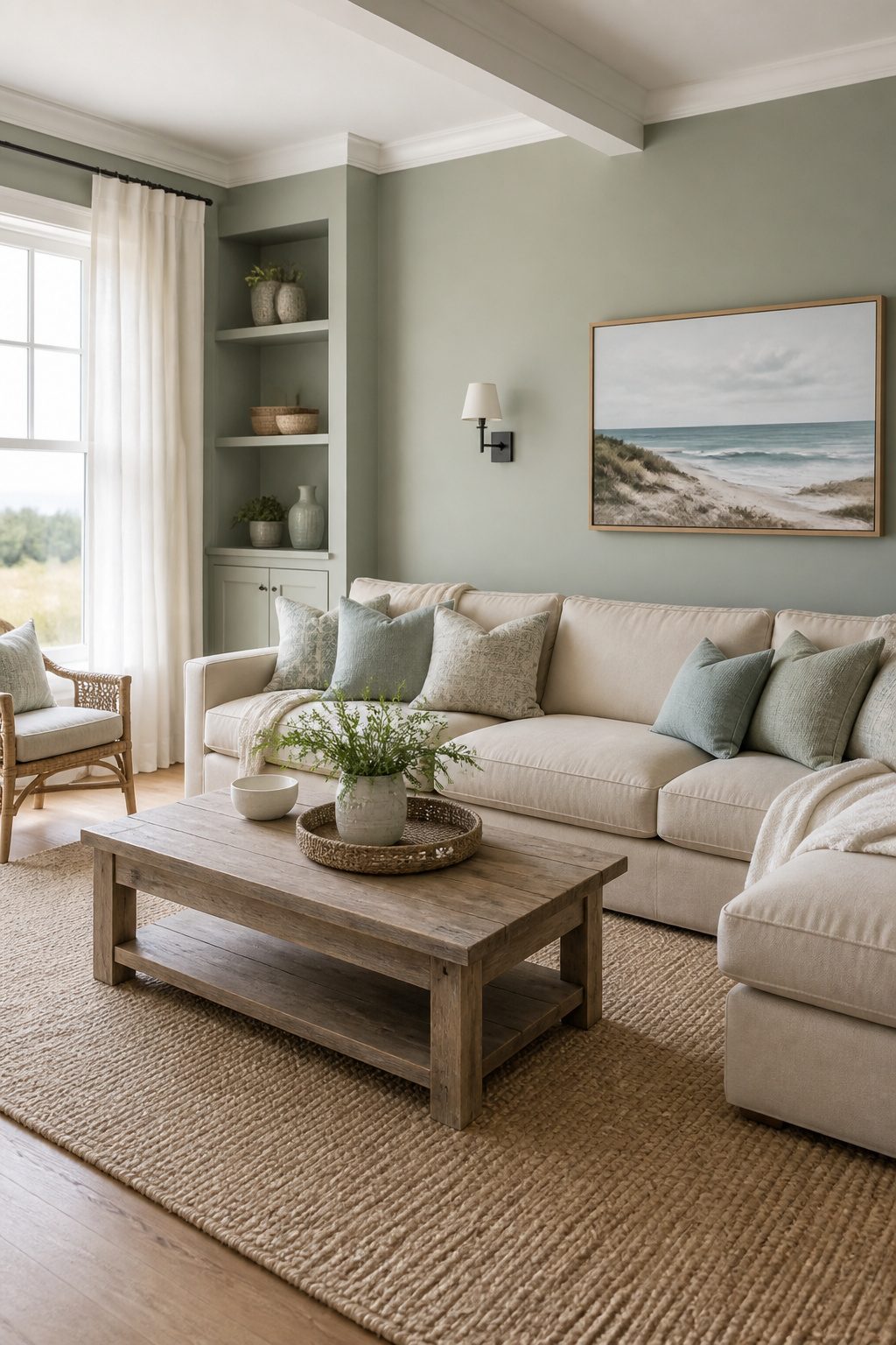 A living room featuring Coastal Path walls and breezy linen furniture.