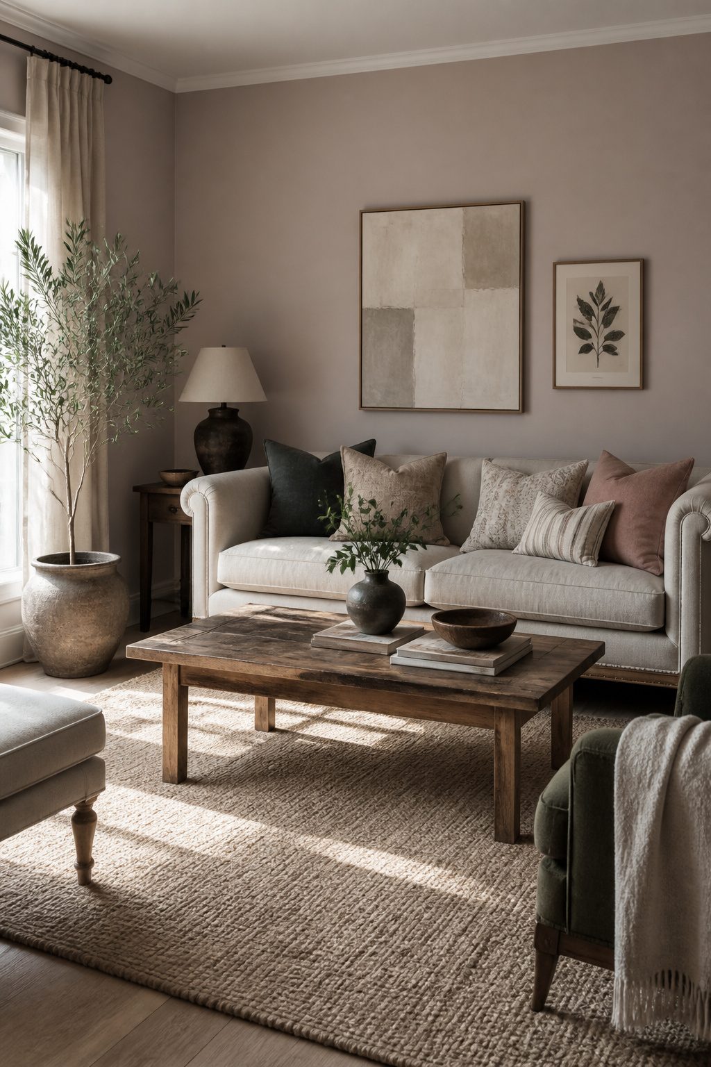 A living room featuring soft gray-pink walls and inviting decor.