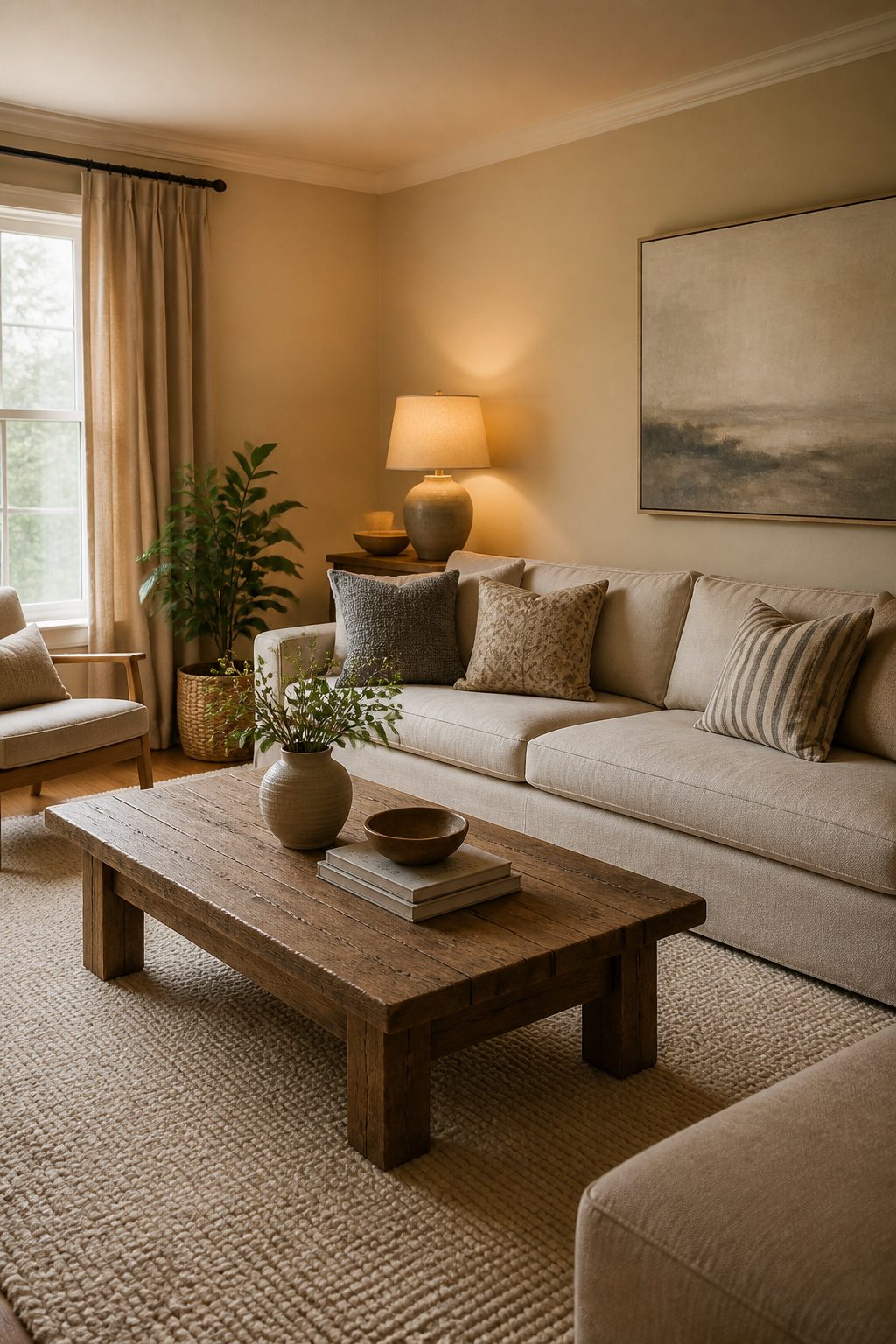 A living room showcasing ochre walls and an oatmeal linen couch.