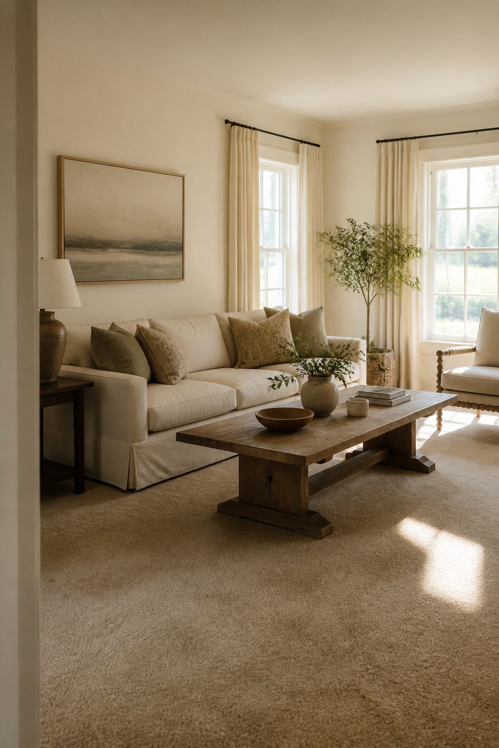 A living room painted in warm cream with natural light filtering in.