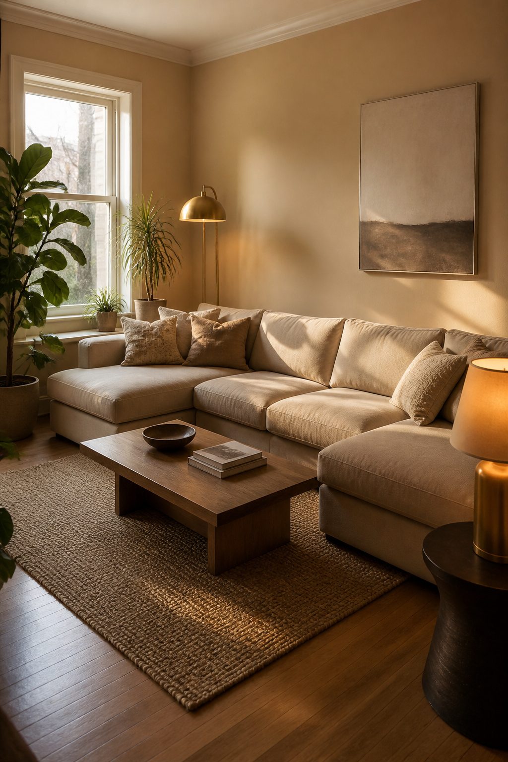 A living room with sandy walls and brass lamps creating a warm ambiance.