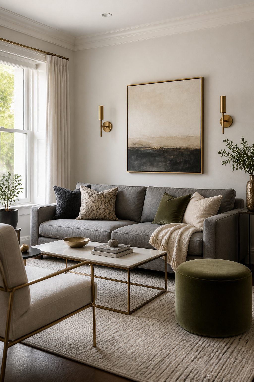 A living room featuring warm white walls and dark wood paneling.