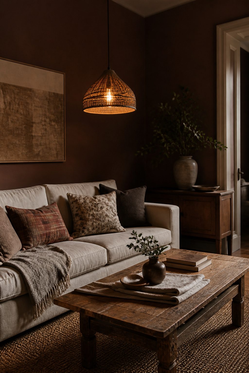 A living room featuring deep brown walls and warm lighting.