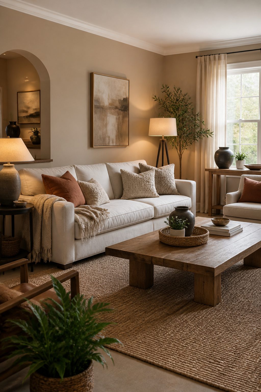 A living room showcasing Frosted Toffee walls and a cozy sofa.