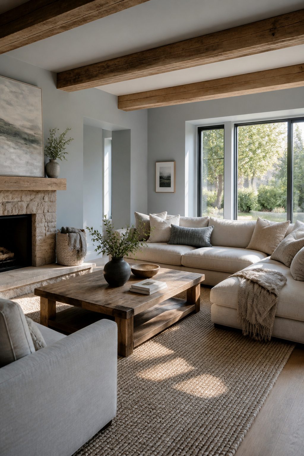 A living room featuring Glacial Till walls and rustic wooden beams.
