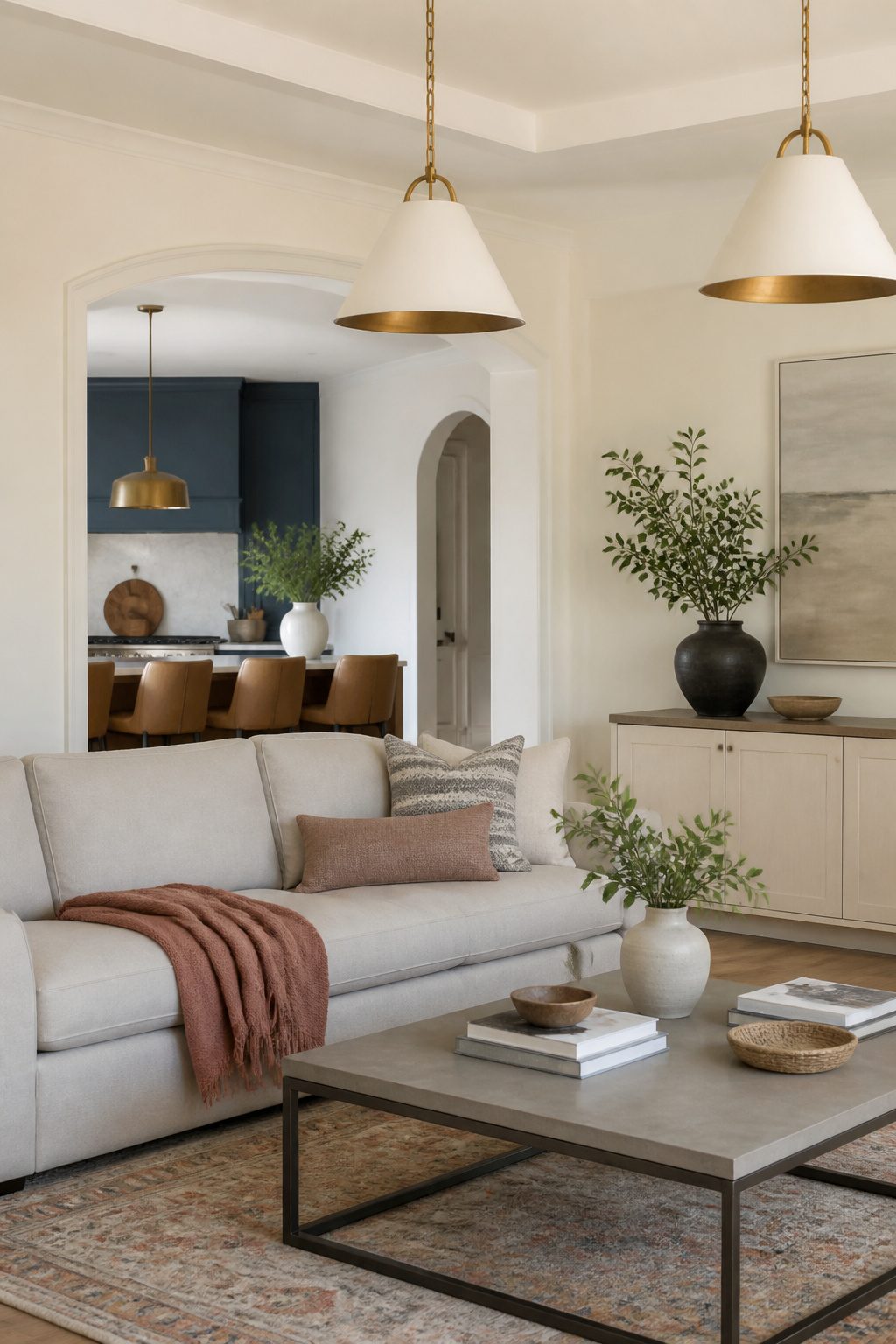 A living room showcasing creamy walls and a blue accent wall.