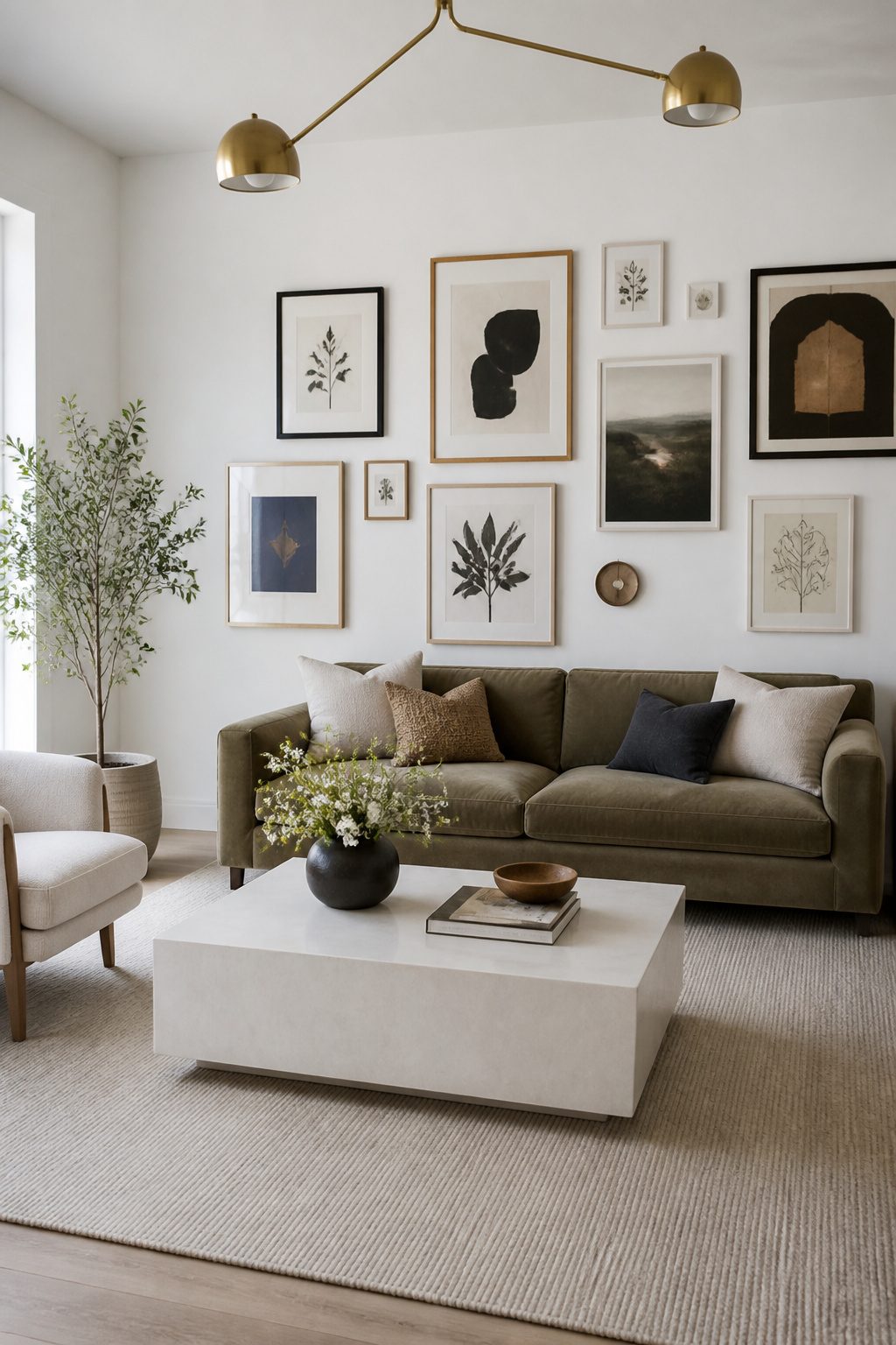 A living room with straight white walls ideal for displaying art.