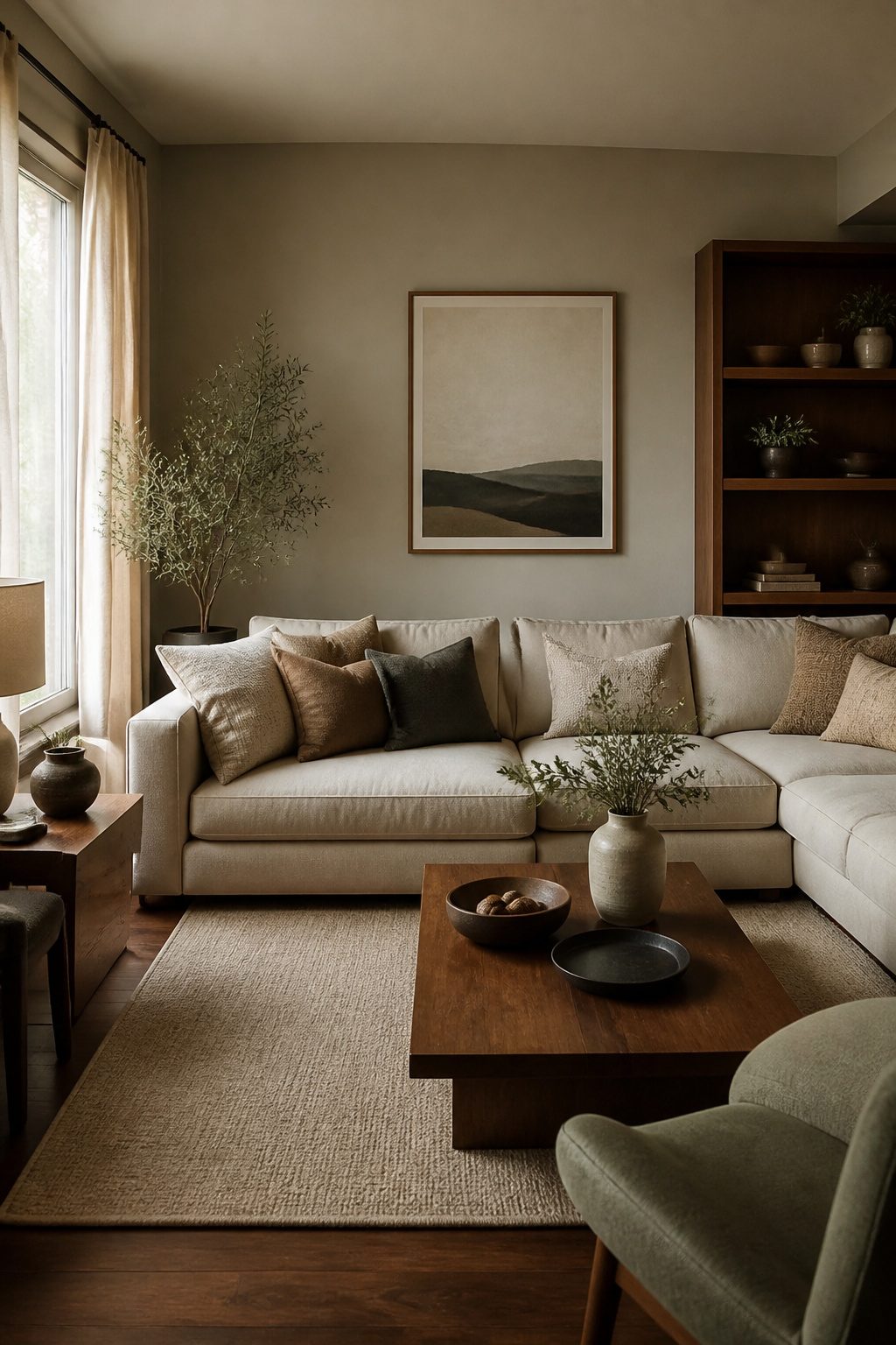 A living room showcasing Hush walls and cozy furnishings.
