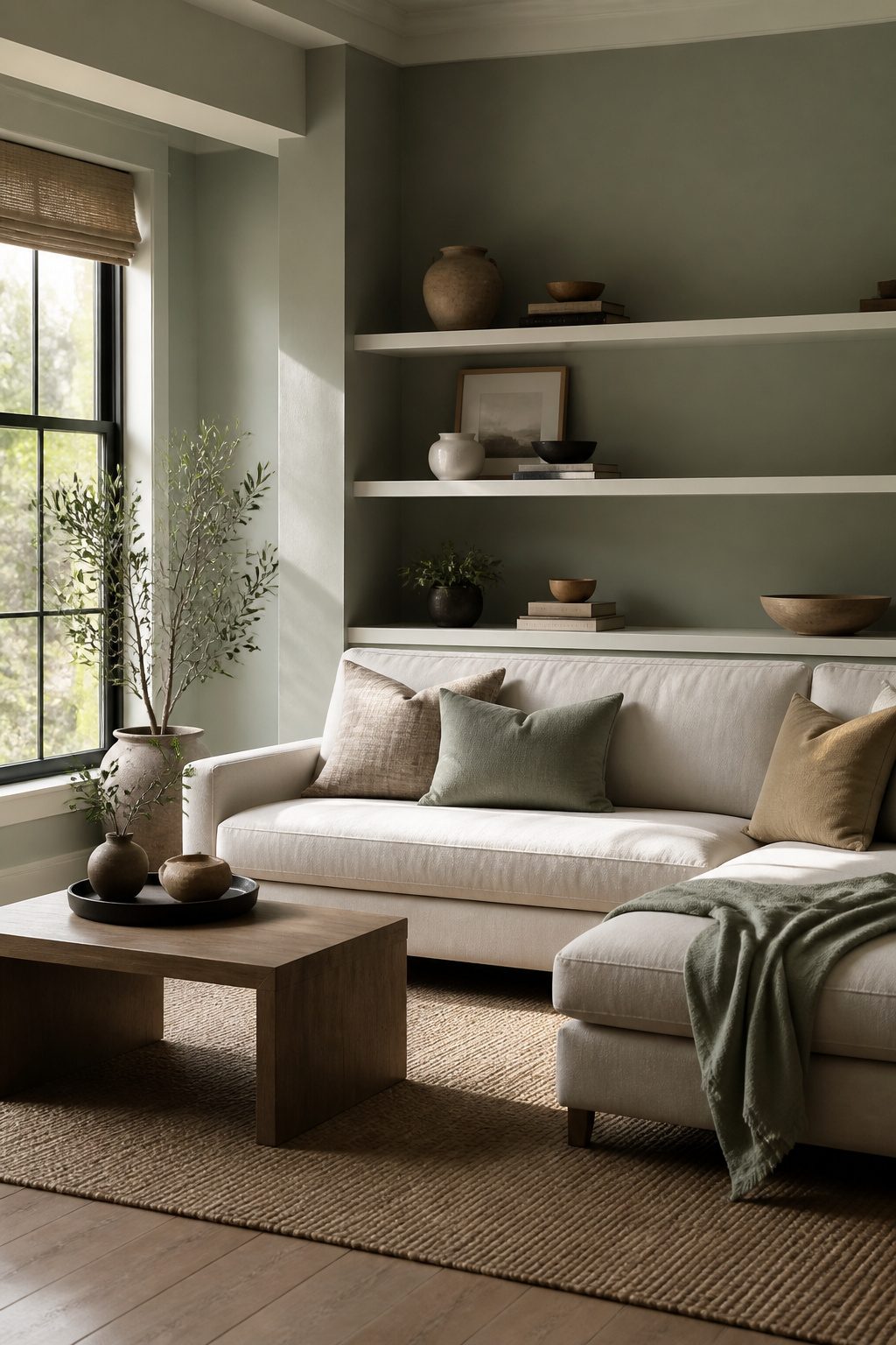 A living room featuring muted green-gray walls and decorative shelves.