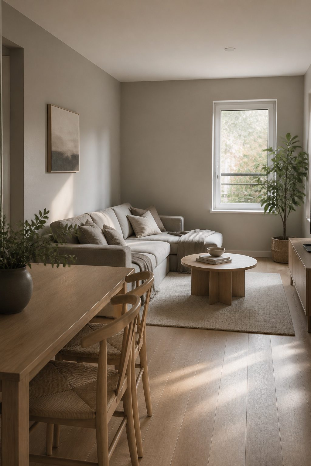 A living room featuring Light Pewter walls and minimalistic furniture.