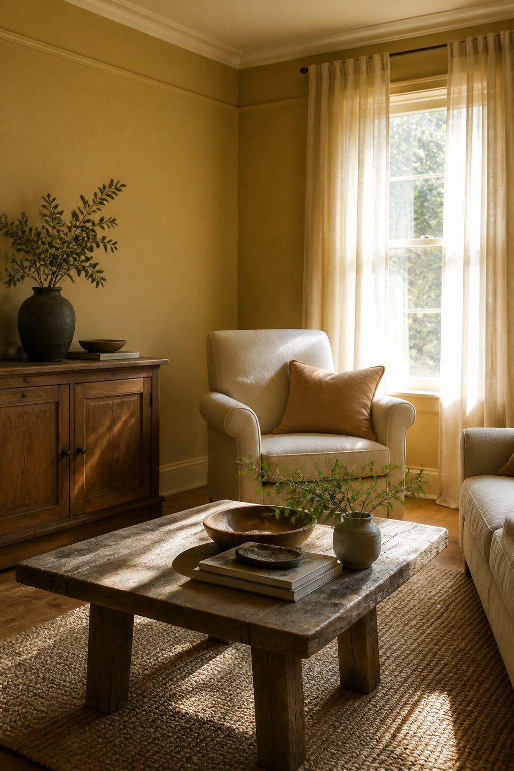 A living room featuring warm yellow-toned walls and natural light.