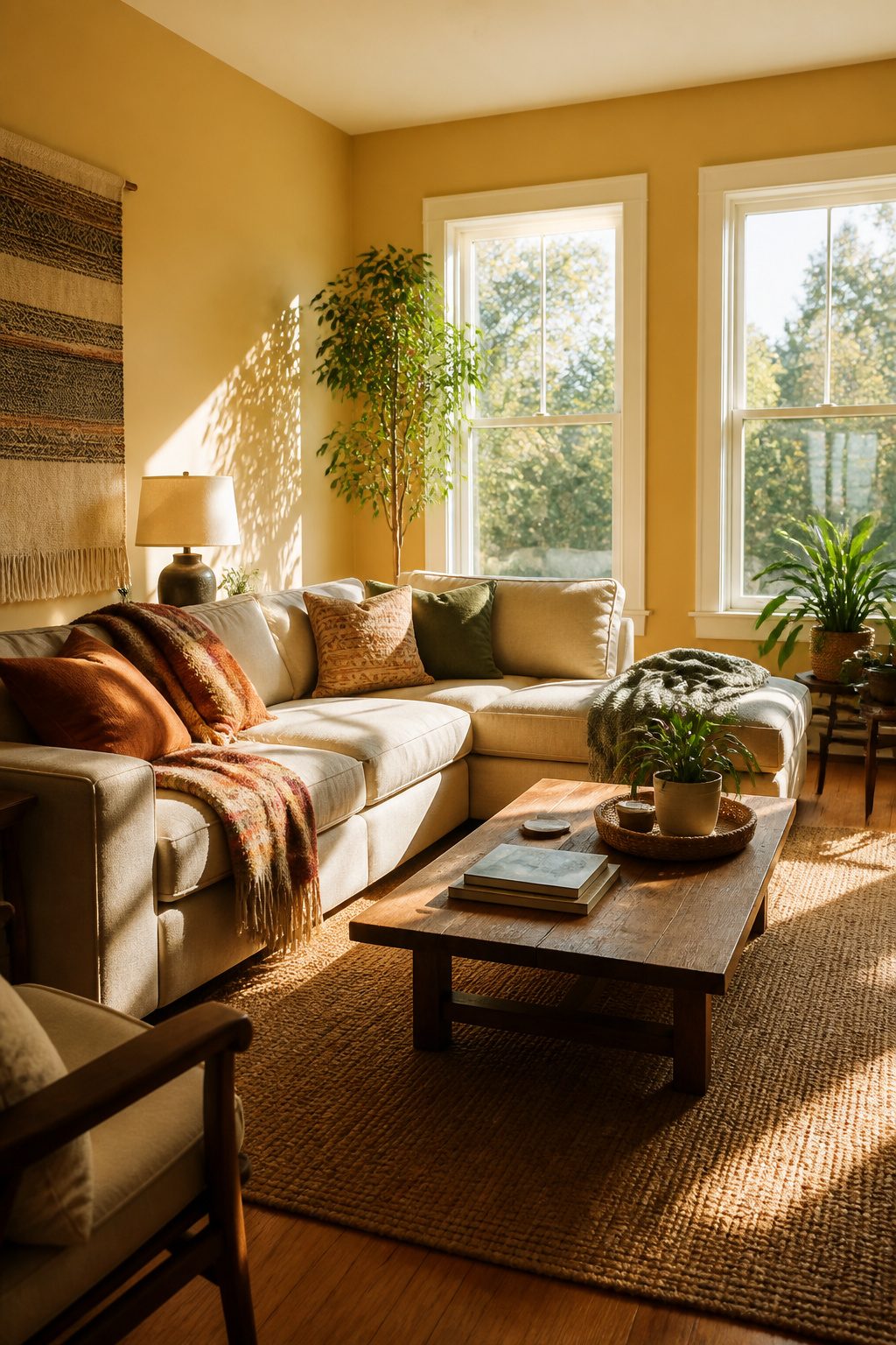 A living room featuring straw-colored walls bathed in natural light.
