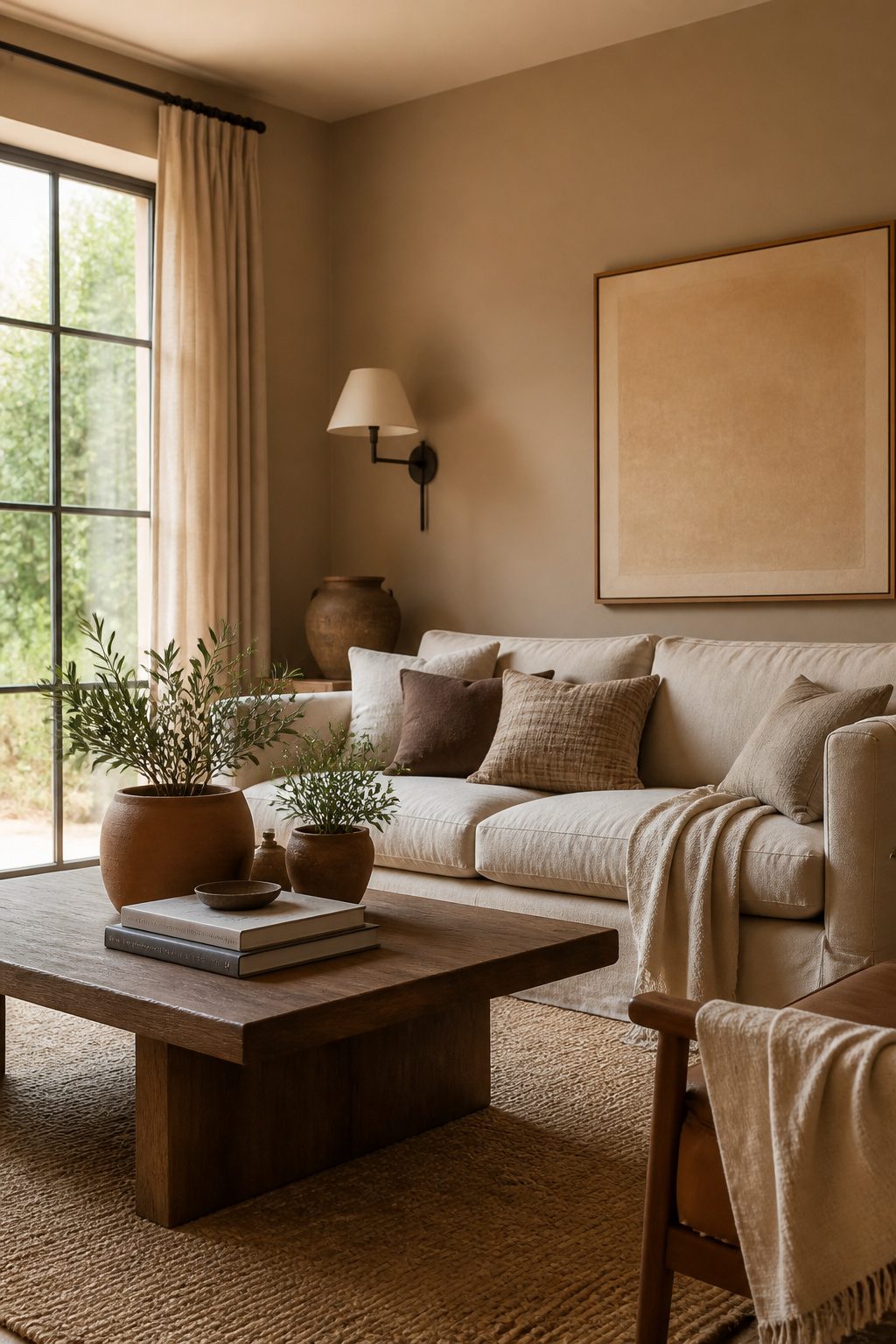 A living room showcasing Mocha Cream walls and walnut furniture.
