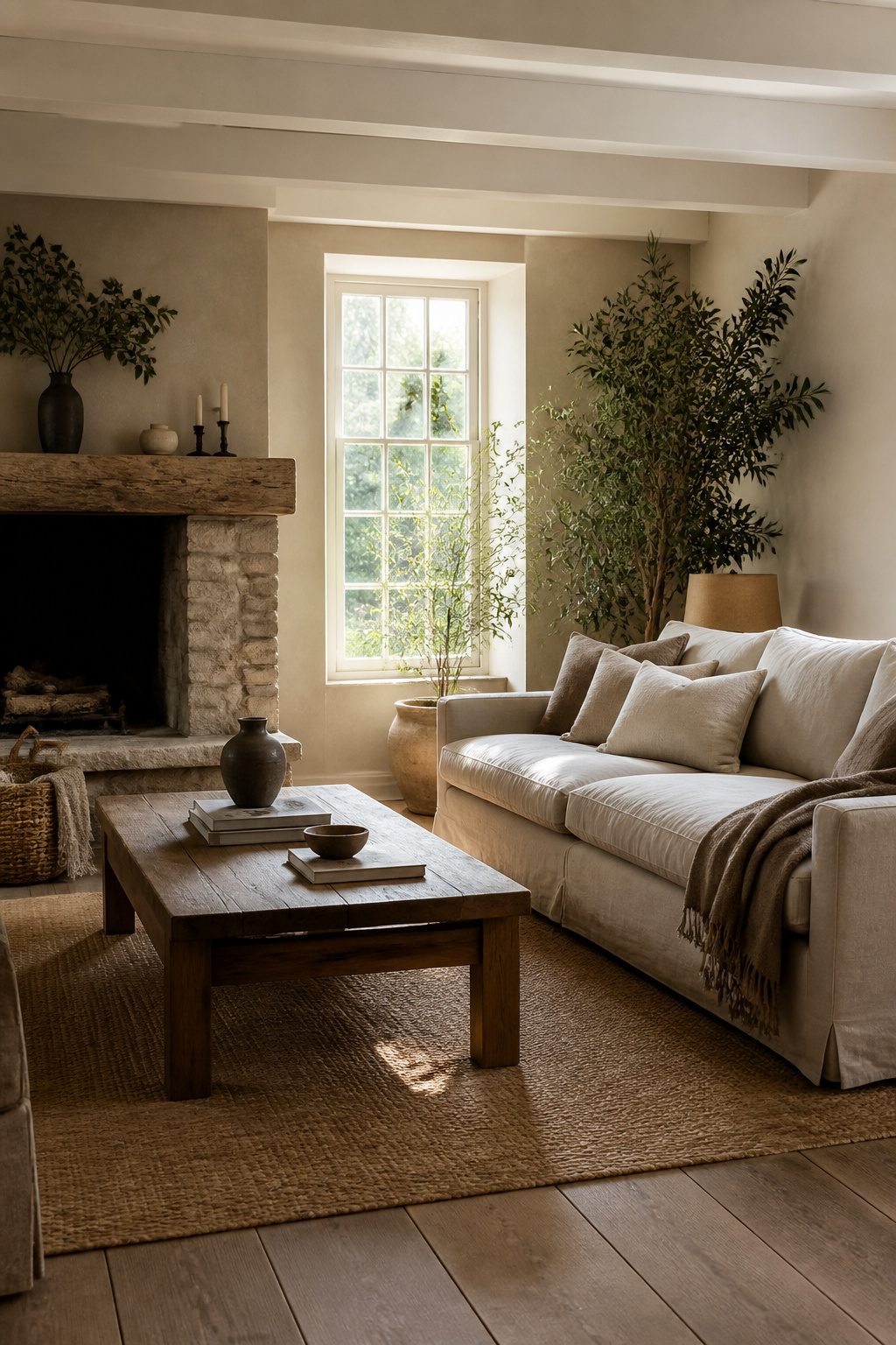 A living room showcasing Natural Linen walls and a stone fireplace.