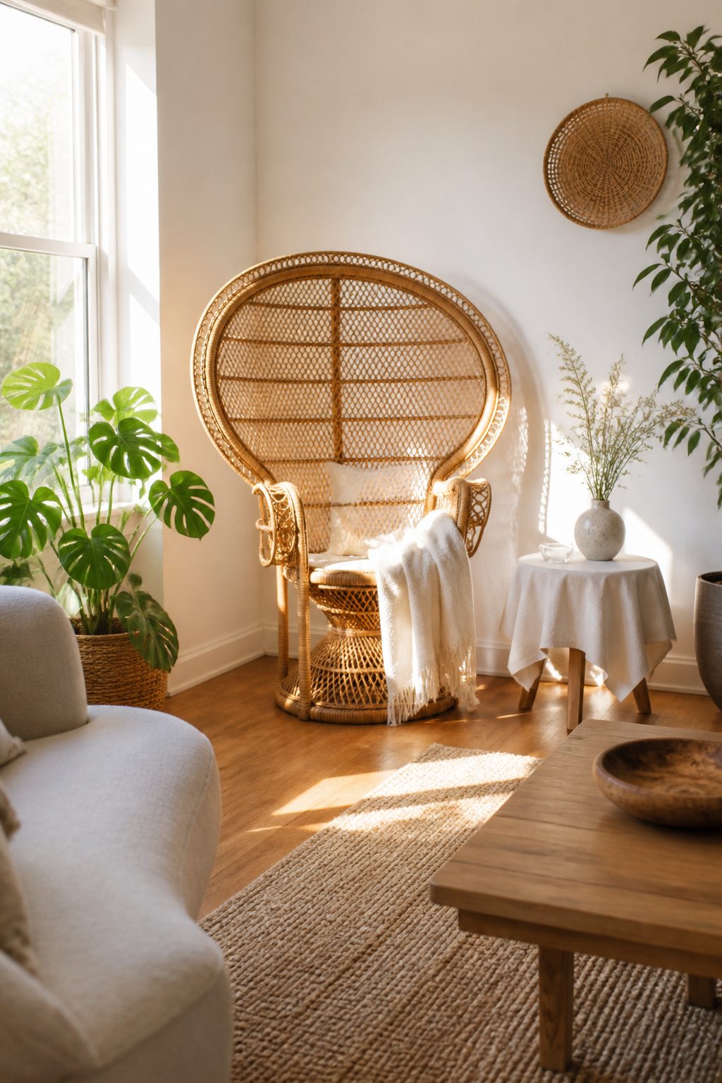 A living room showcasing a peacock chair and soft white walls.