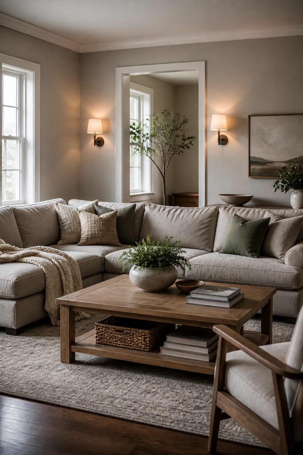 A living room featuring soft gray-beige walls and cozy furnishings.