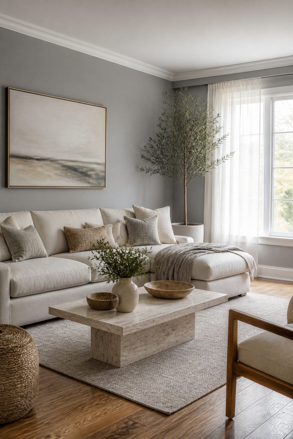 A living room painted in mid-gray with ample natural light.