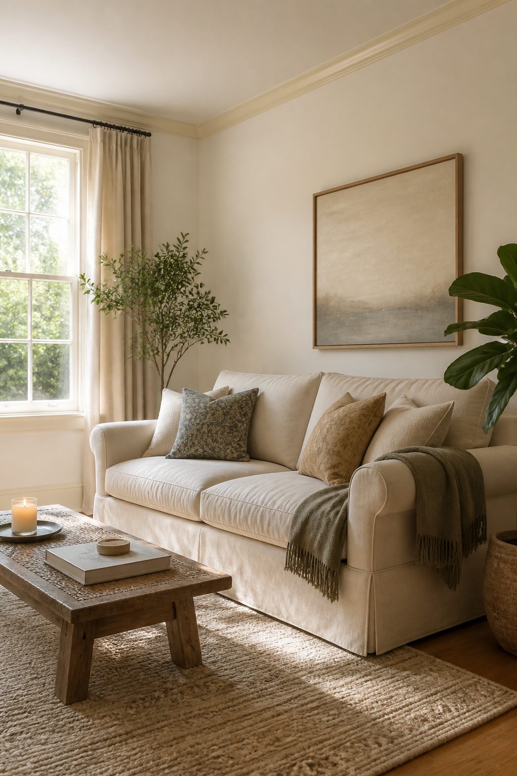 A living room showcasing cream trim against white walls and ceiling.
