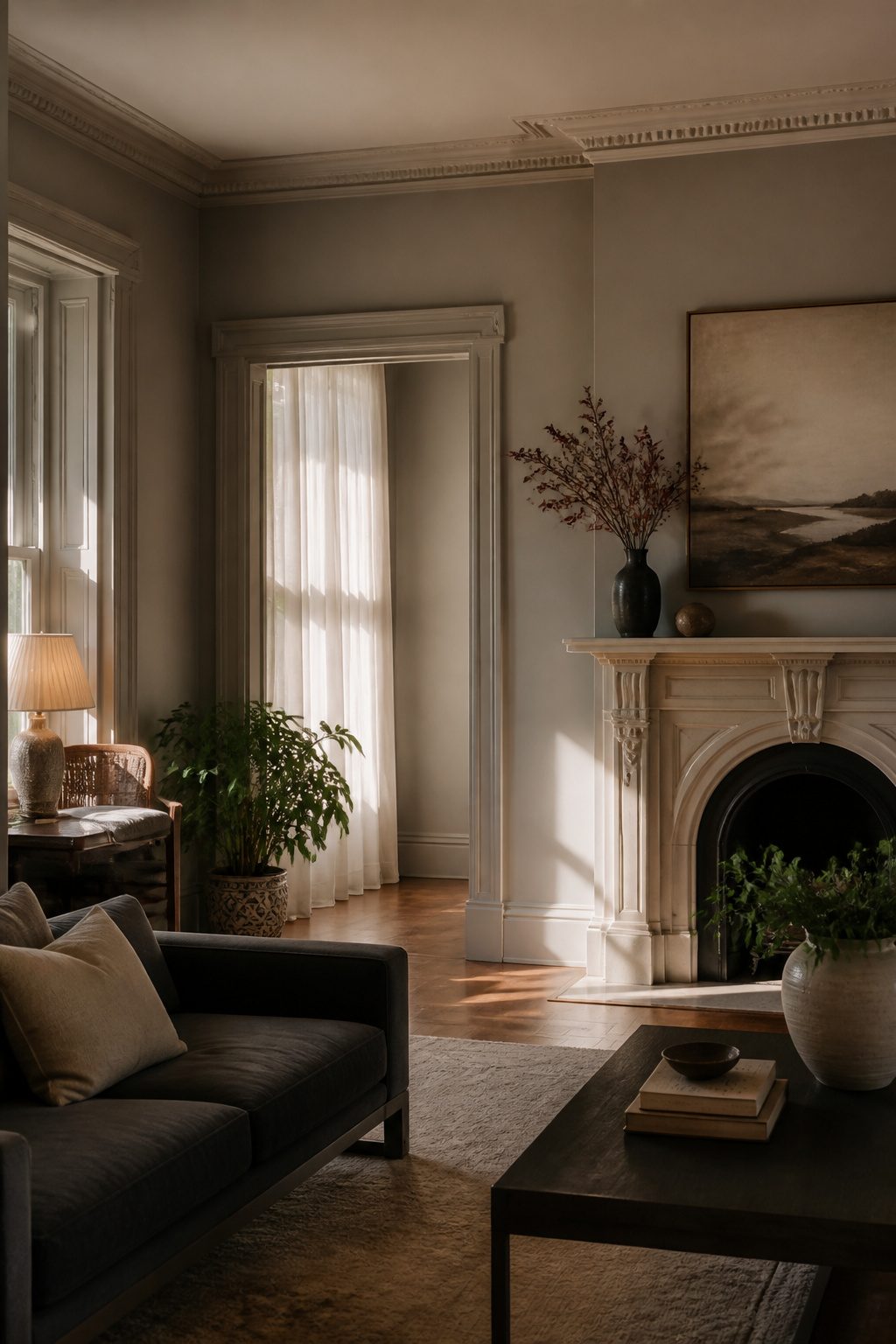 A living room showcasing warm gray walls and Victorian architecture.