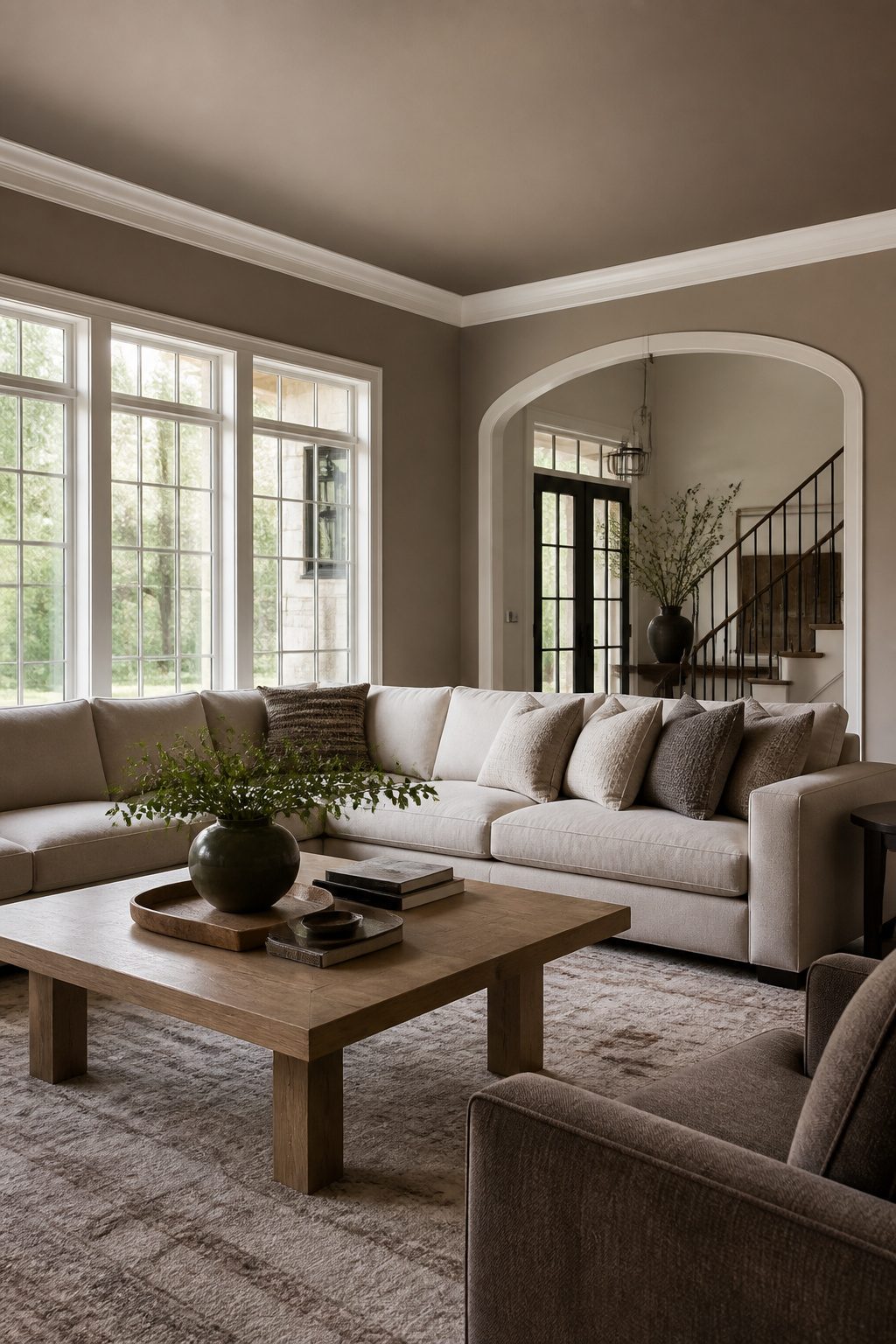 A living room featuring Smokey Taupe walls and white crown molding.